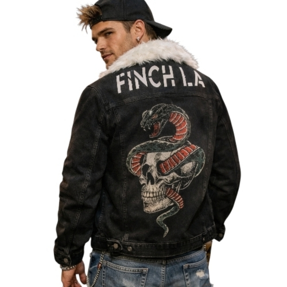 Finch LA Y2k Black denim white faux fur collar Jacket w Snake Skull beaded nwt